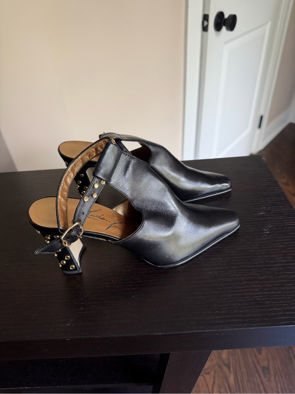 Judi Z Slingback Pointed Toe Heels with Studded Strap and heel